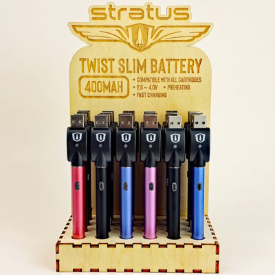 Stratus 400mah Twist Battery w/ USB + Wooden Display (24ct), light background
