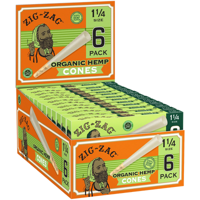 Zig Zag Organic Hemp 1 1/4 paper cones, 6 pack display carton