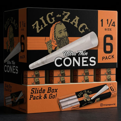 Zig Zag Promo Display (36 Pack) - 1 ¼ Cones on dark slate surface - Oil Slick Pad